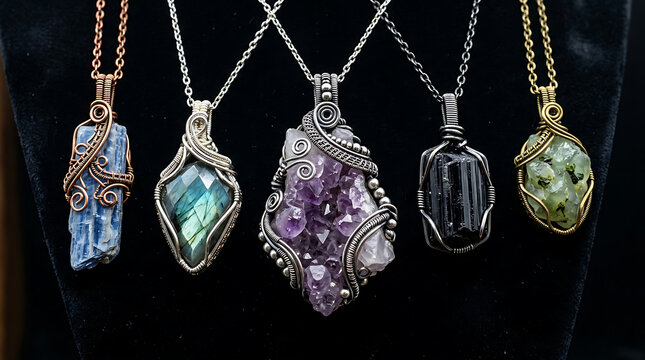 Exquisite gemstone pendants featuring amethyst, tourmaline, and labradorite wire-wrapped jewelry on silver chains