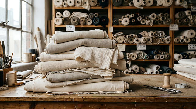 Neatly organized rolls of natural cotton and linen fabrics stacked on wooden shelves in a textile studio ready for crafting.