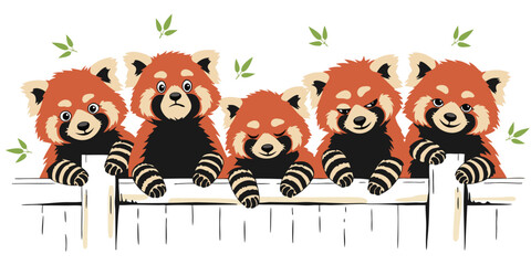 Five red panda characters leaning on a wooden fence with wildlife characters illustration portrait background © Vareil