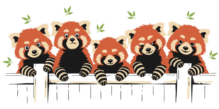 Five red panda characters leaning on a wooden fence with wildlife characters illustration portrait background