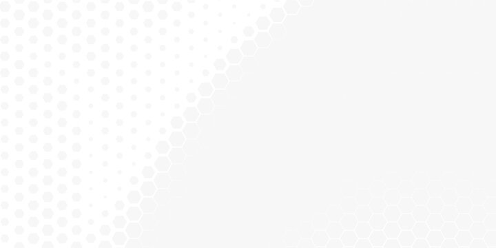 White and grey futuristic abstract background with multi-scale hexagon elements. Minimalist geometric vector layout for corporate brochure and banner header.