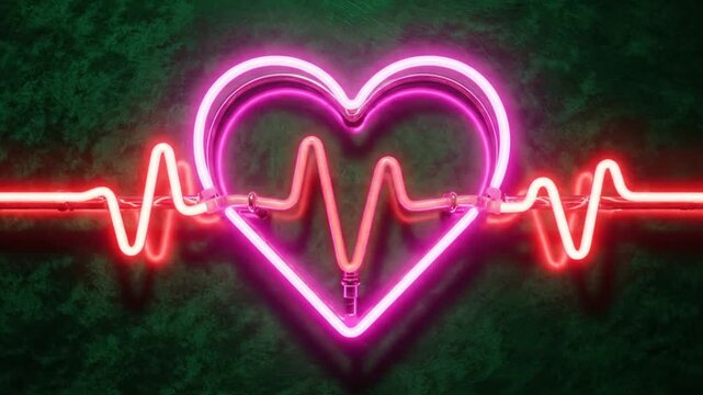 Neon heart with heartbeat pulse glowing on a green textured background for health care and wellness concepts