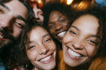 Fototapeta premium Warm lights glow behind smiling friends. Joy radiates from their close, joyful faces. Diverse group laughs together in cozy setting. Perfect for social events, friendship, or celebration themes