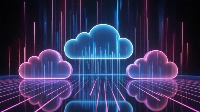 Neon-lit cloud computing graphic with pink and blue hues on a dark background with lines