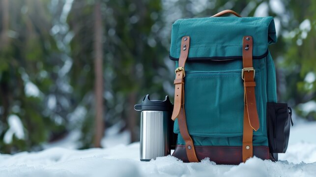 Classic Backpack with Leather Straps and Stainless Steel Mug in Winter Forest Setting on Snowy Ground