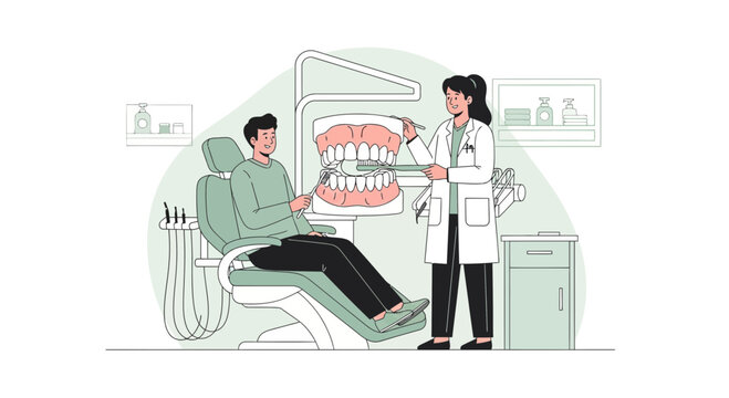 Dentist teaching patient brushing teeth illustration, dental hygiene concept