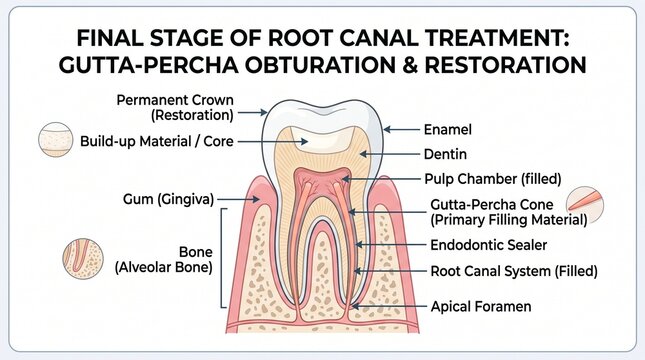 Final stage of root canal treatment with gutta percha obturation and restoration