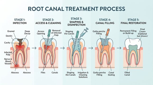 Five stage root canal treatment process diagram showing infection and