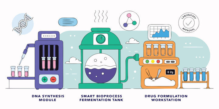 Biotechnology laboratory equipment showing DNA synthesis and drug formulation processes with biotechnology