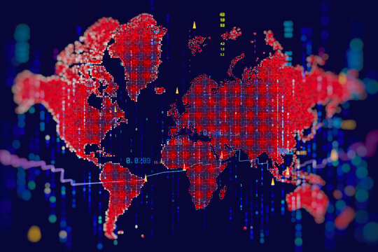 Red digital world map with glowing data dots, binary code rain and trend line. Abstract global analytics backdrop for financial markets, big data visualization, cyber risk and business intelligence.