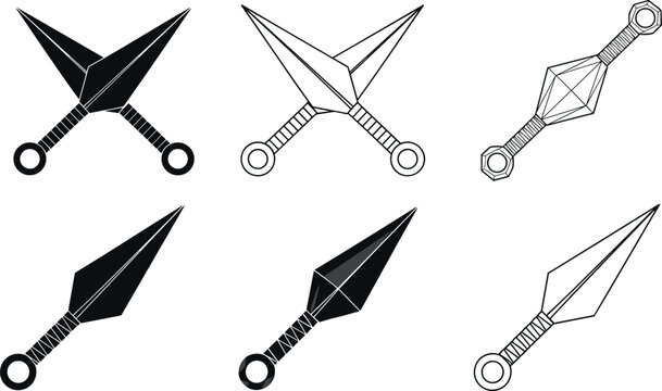 Kunai Dagger Icon Set with Japanese Ninja Throwing Knife Silhouette and Outline Designs for Gaming UI, Martial Arts, and Anime Vector GraphicsKunai Dagger Icon Set with Japanese Ninja Throwing Knife S
