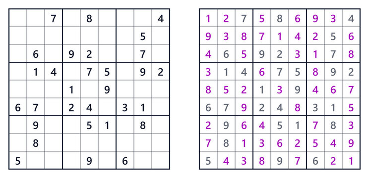 Sudoku puzzle grid with empty cells and completed solution example  