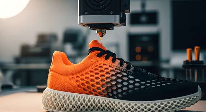 Advanced 3d printing technology manufacturing a modern orange and black athletic sneaker in a hightech laboratory environment