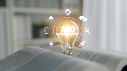 Obraz premium Conceptual Image of Light Bulb Representing Innovative Ideas and Digital Marketing Strategies with Optimization Tools and Resources Fluxor.