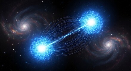 Naklejka premium Two luminous blue spheres connected by energy lines in a cosmic setting with galaxies.