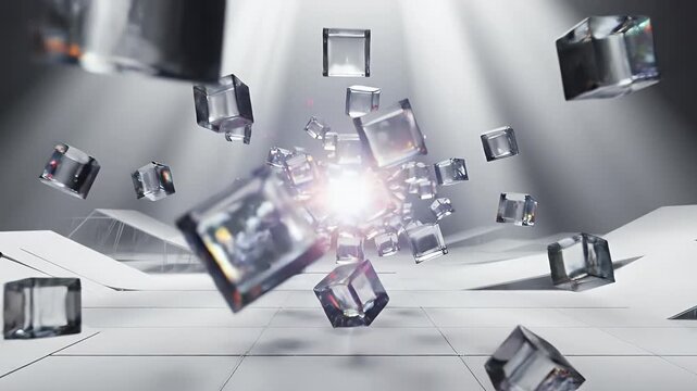 Glass cubes float in a spotlighted abstract environment.