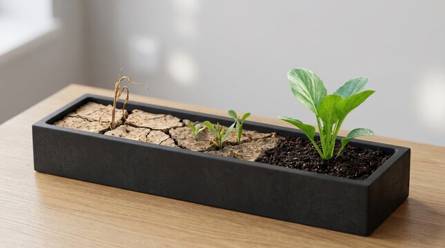 Stages of plant growth in a rectangular concrete planter showing progression from withered dry soil to a healthy green vegetable sprout on a wooden table