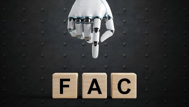 Robot hand pointing to fact check verification concept with wooden blocks
