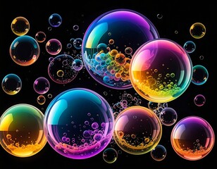 Naklejka premium A vibrant collection of iridescent bubbles floating against a dark background