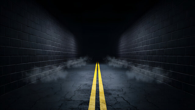 Dark asphalt road with yellow lane markings between two black brick walls, illuminated by soft atmospheric fog in a mysterious tunnel setting