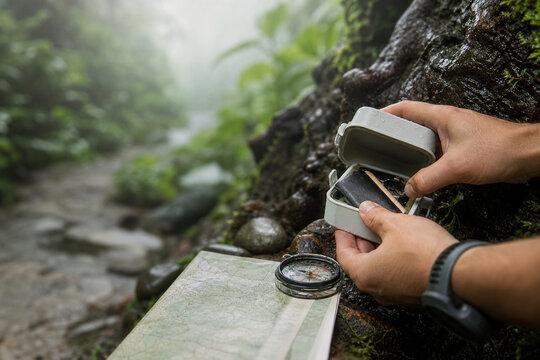Close-up of hands opening a small outdoor kit beside a wet mossy tree, with map and compass on a misty forest trail.