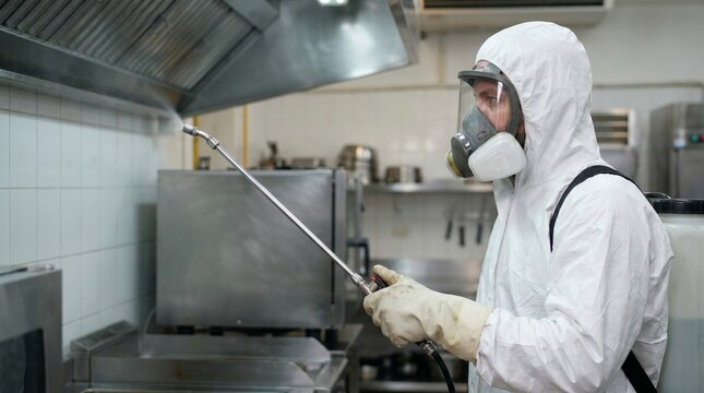 Pest control specialist wearing full protective gear, operating treatment equipment in commercial kitchen, maintaining hygiene standards, safety compliance and sanitation