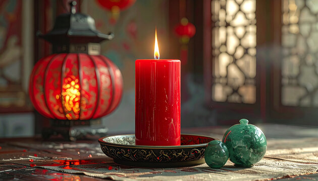 Lit red candle on a tabletop