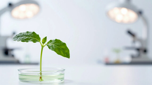 Innovative biotechnology research concept showing plant seedling growth in petri dish inside clean laboratory ideal for sustainable crop advertisement