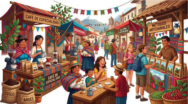 Vibrant illustration of a bustling Peruvian coffee market in the mountain highlands featuring artisanal brewing methods specialty beans and local culture scene