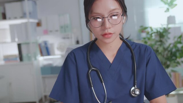 Doctor entering electronic medical records. Medical, asian woman working with computer in medical consultation at hospital. which are recording diagnoses and patient symptoms. Healthcare and medicine
