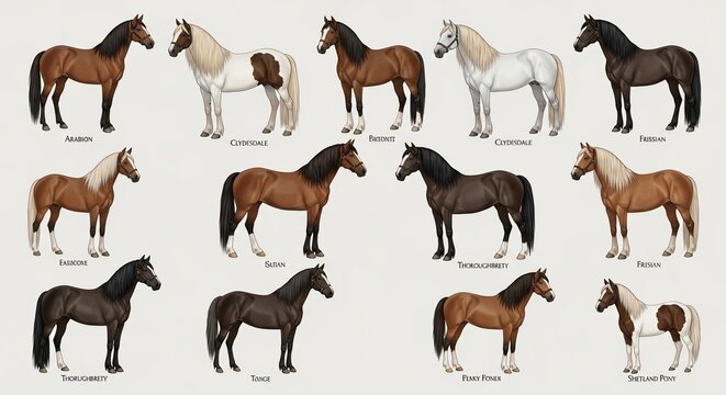 Diverse horse breeds showcasing various coat colors and patterns.