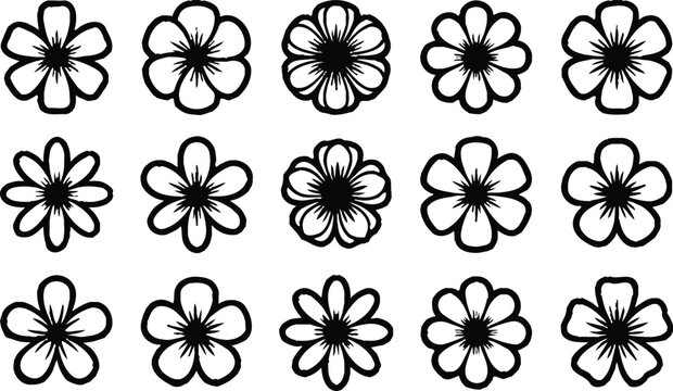 Grid of simple flower blossoms in basic line art style for decorative print and craft