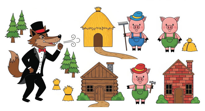 Three little pigs and big bad wolf vector clipart set with fairytale characters and houses on white background