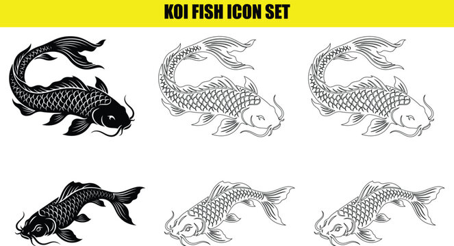 Koi fish icon set isolated on transparent background, traditional japanese carp in various poses.