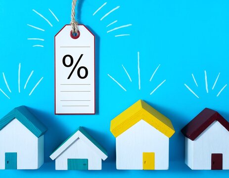 Real Estate Market - Interest Rate Tag Above Miniature Houses on Blue Background.