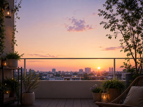 夕焼け空を望むテラスと癒しのリラックス空間 夏の背景イメージ
