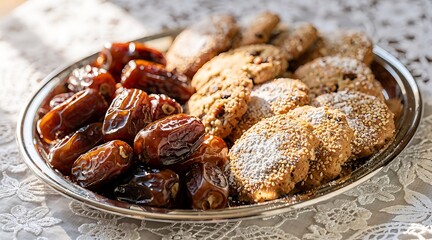 Fototapeta premium Assorted dried dates and round cookies on a silver plate for Ramadan celebration.
