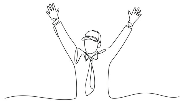 Businessman celebrates with arms raised in triumph