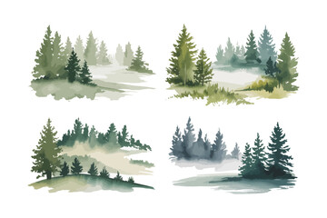 set of Hand-Painted Pine Forest Watercolor, Foggy Woodland Landscape Illustration, Isolated Vector © Tanvir Rana