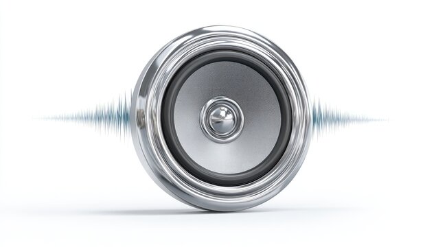 A metallic speaker emits pulsing blue soundwaves against a white background