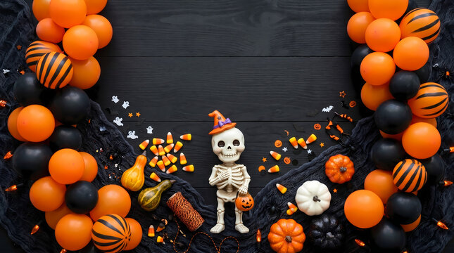 Small plastic skeleton wearing a festive orange witch hat stands surrounded by colorful balloons candy corn pumpkins and spooky decorations on a dark rustic wooden background