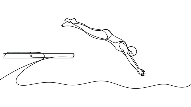 Person diving into water from diving board in one line drawing style