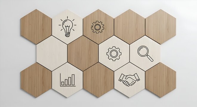 Business Concept Icons on Wooden Hexagons