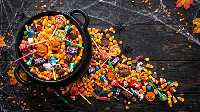 Black plastic cauldron overflowing with a colorful assortment of delicious assorted halloween candy treats placed on a dark rustic wooden table decorated with fake spider webs