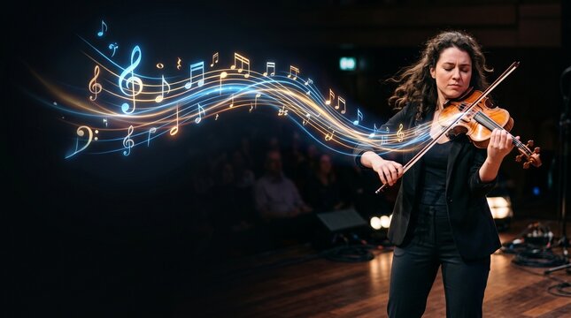 Violinist Performing with Glowing Music Notes