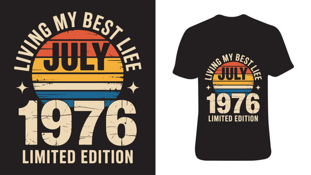 Vintage july 1976 birthday t shirt design with retro sunset graphic
