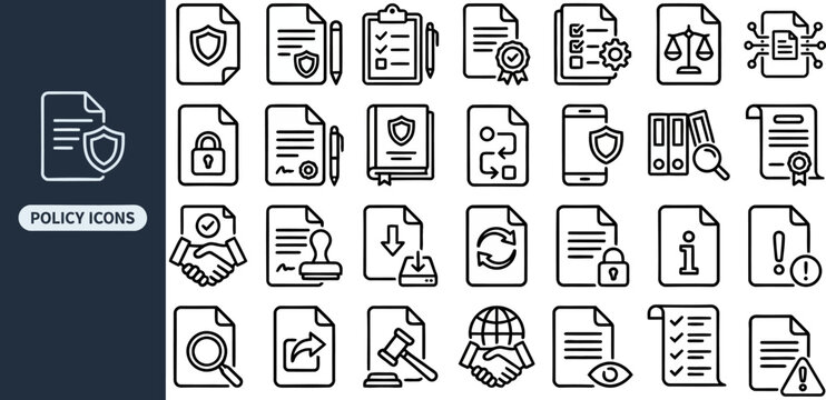 Text Document and Content Editing outline icon set. Featuring page, paragraph, pen, format, and clipboard symbols. Editable stroke vector icons for writing app and document editor.