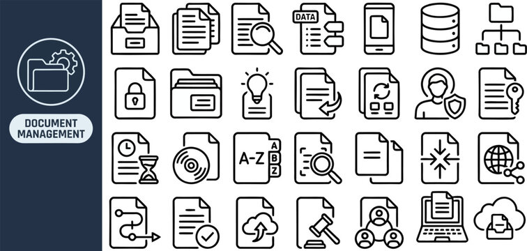 Paperwork Archive and Office Filing outline icon set. Featuring binder, cabinet, clip, scan, and checklist symbols. Editable stroke vector icons for records department and admin workflow.