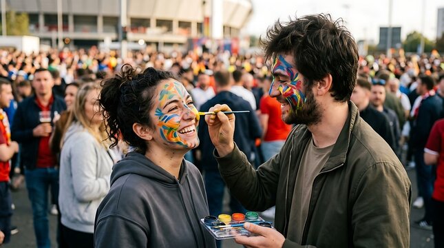 Couple applies colorful face paint before attending a sporting event together, capturing the excitement of game day and shared passion for their team