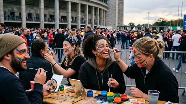 Friends enjoying a festival with face painting, vibrant colors, and joyful expressions, creating lasting memories